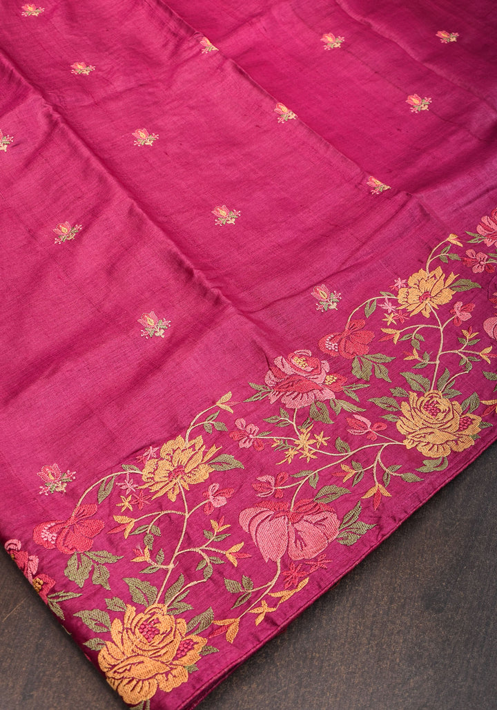 Plum Tussar Silk Saree with Shaded Rose Embroidery | SILK MARK CERTIFIED