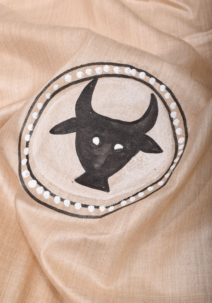 Zodiac Queen:  Handpainting on Gachi Tussar Silk Saree in Natural Color | SILK MARK CERTIFIED