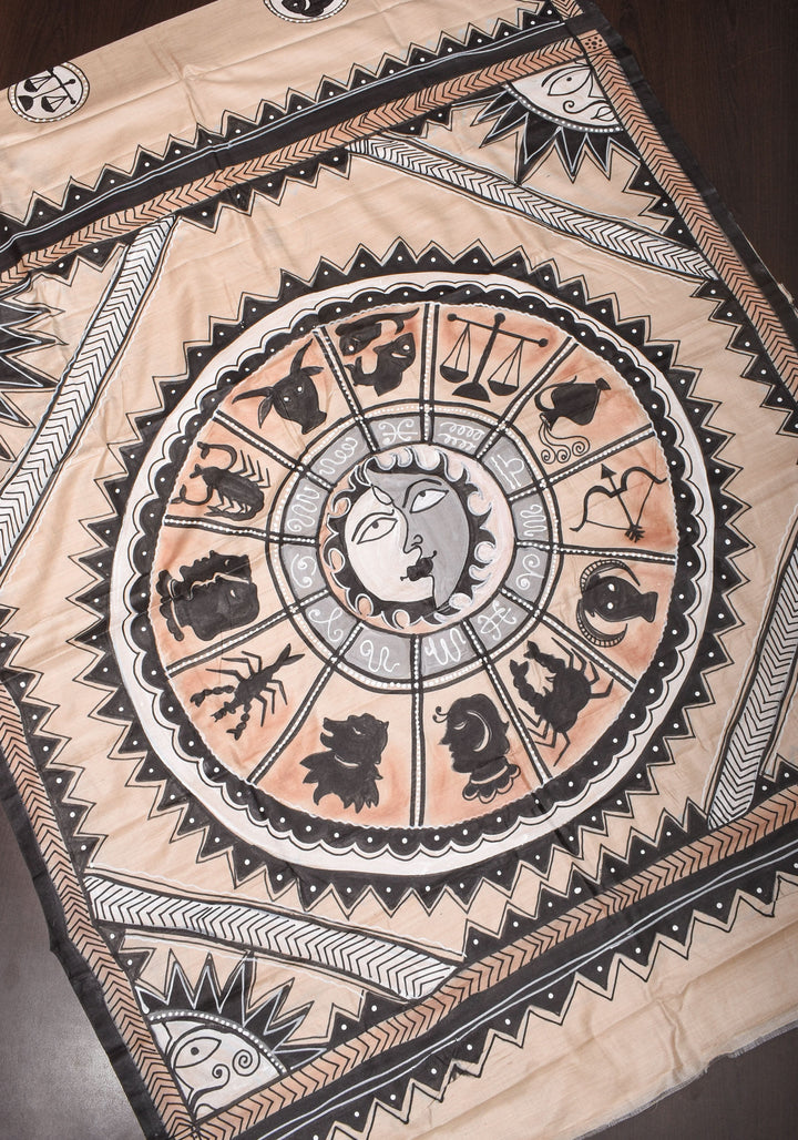 Zodiac Queen:  Handpainting on Gachi Tussar Silk Saree in Natural Color | SILK MARK CERTIFIED