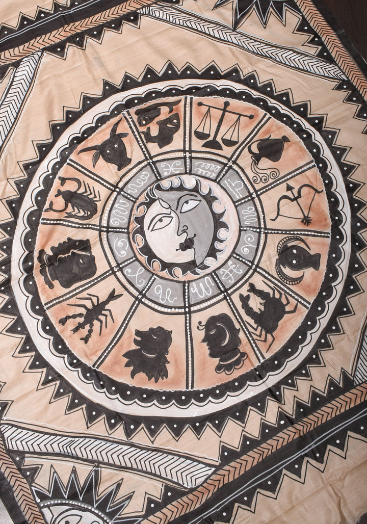 Zodiac Queen:  Handpainting on Gachi Tussar Silk Saree in Natural Color | SILK MARK CERTIFIED