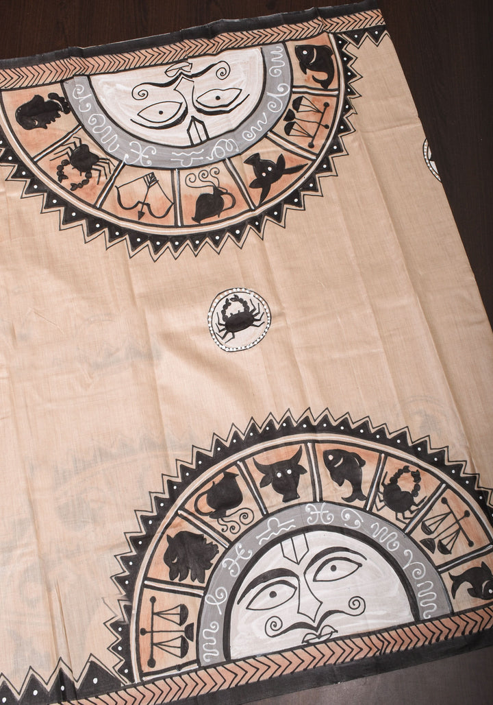 Zodiac Queen:  Handpainting on Gachi Tussar Silk Saree in Natural Color | SILK MARK CERTIFIED
