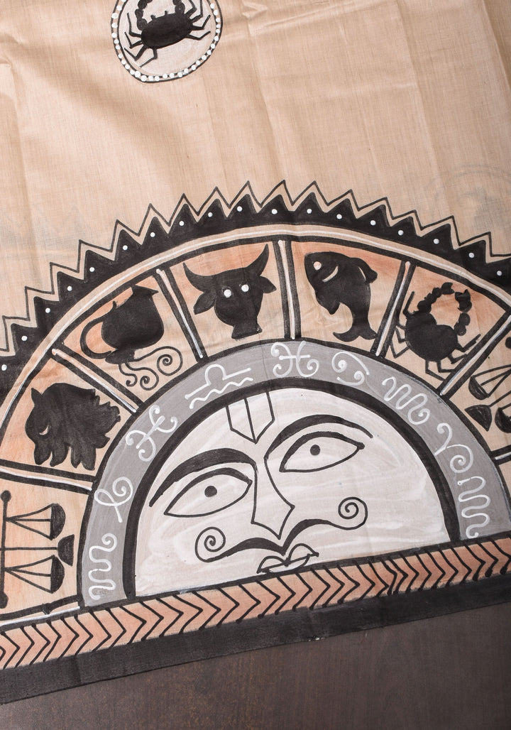 Zodiac Queen:  Handpainting on Gachi Tussar Silk Saree in Natural Color | SILK MARK CERTIFIED