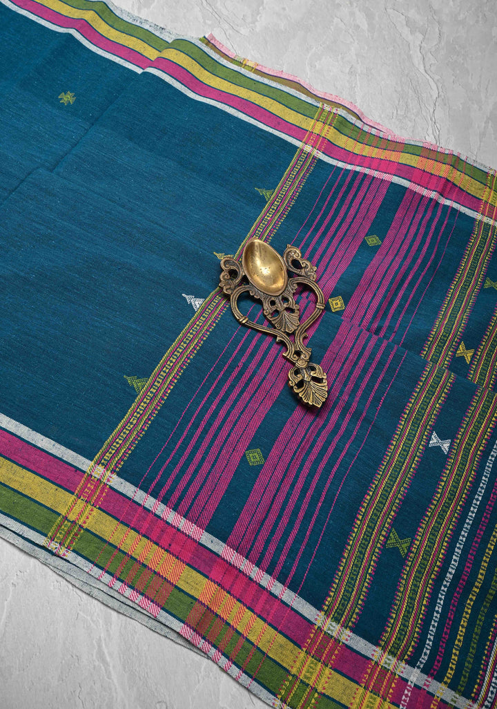 Peacock Blue Handloom Bhujodi Kala Cotton Saree with  honeycomb tassels