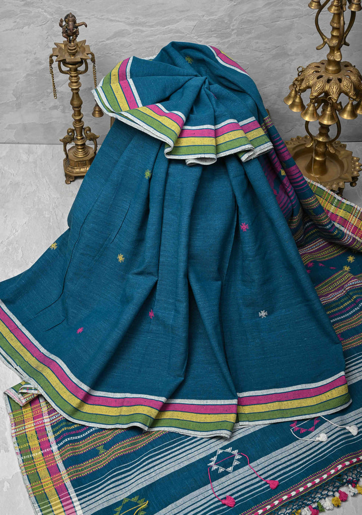 Peacock Blue Handloom Bhujodi Kala Cotton Saree with  honeycomb tassels