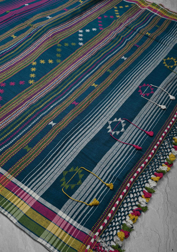 Peacock Blue Handloom Bhujodi Kala Cotton Saree with  honeycomb tassels