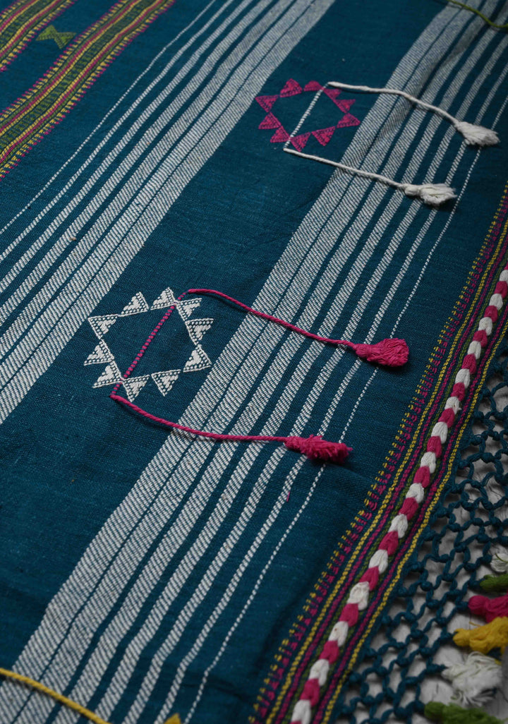 Peacock Blue Handloom Bhujodi Kala Cotton Saree with  honeycomb tassels