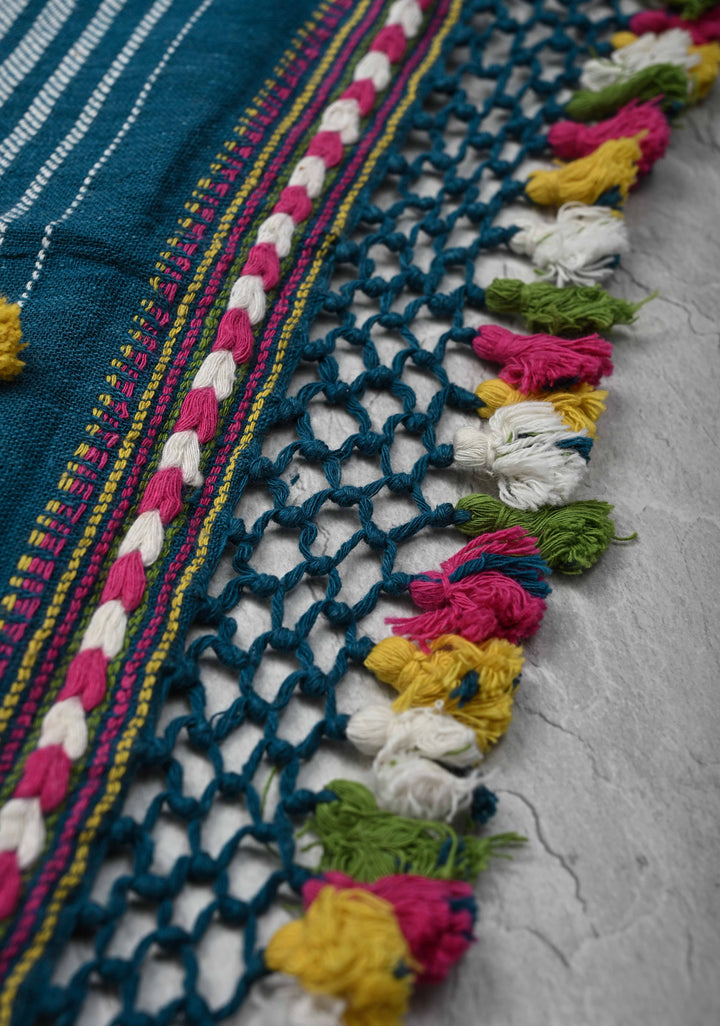 Peacock Blue Handloom Bhujodi Kala Cotton Saree with  honeycomb tassels