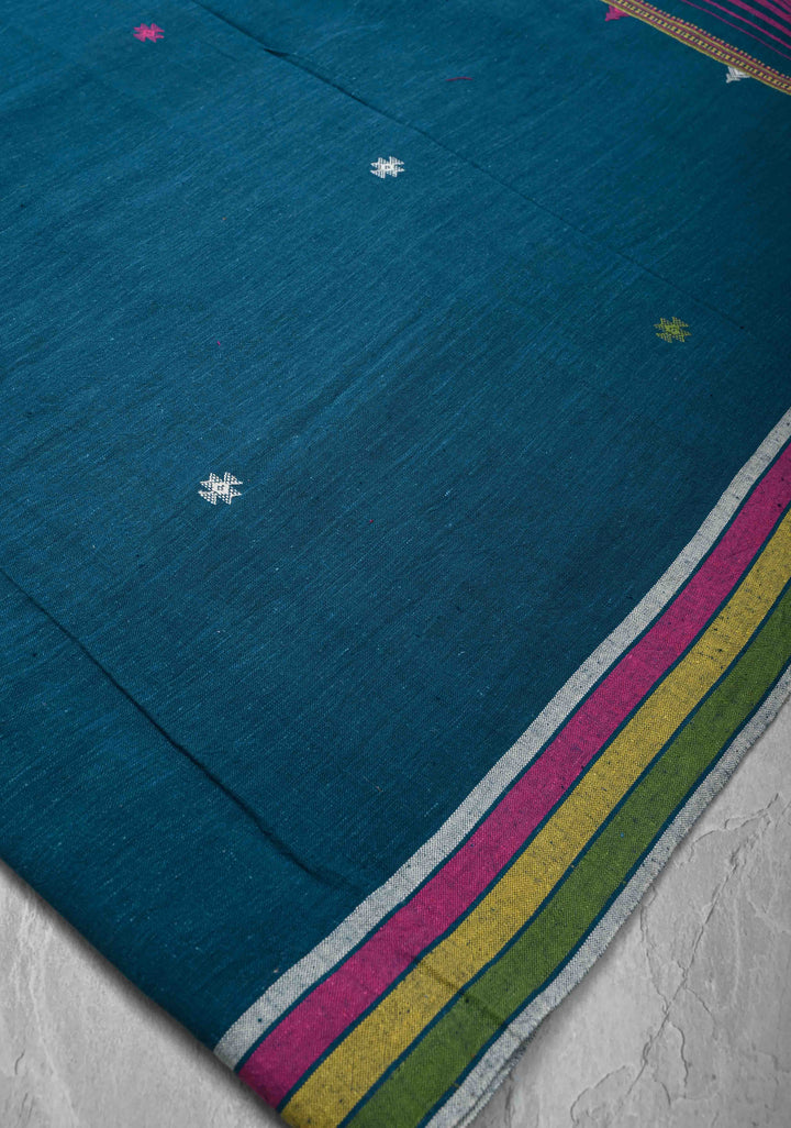 Peacock Blue Handloom Bhujodi Kala Cotton Saree with  honeycomb tassels