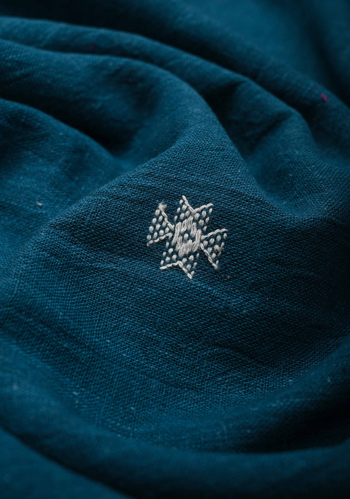 Peacock Blue Handloom Bhujodi Kala Cotton Saree with  honeycomb tassels