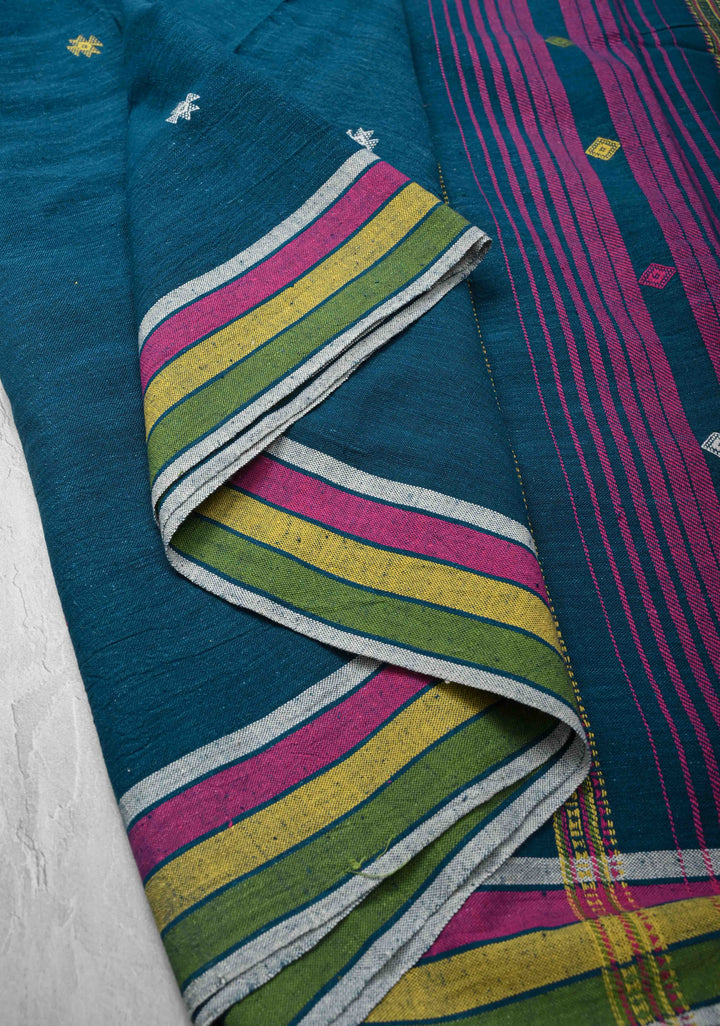 Peacock Blue Handloom Bhujodi Kala Cotton Saree with  honeycomb tassels