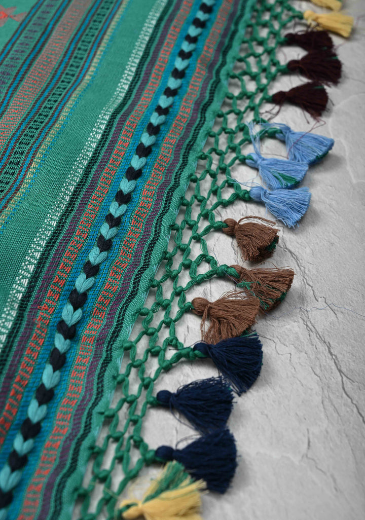 Green Handloom Bhujodi Kala Cotton Saree with buttas and honeycomb tassels