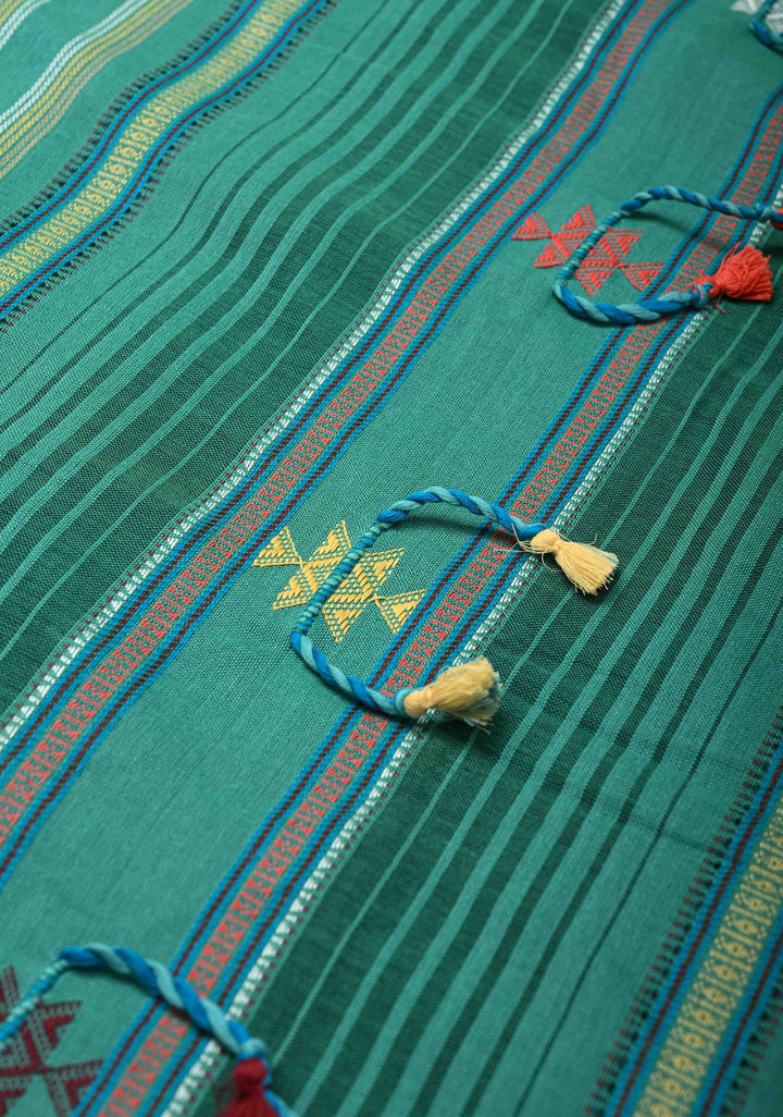 Green Handloom Bhujodi Kala Cotton Saree with buttas and honeycomb tassels