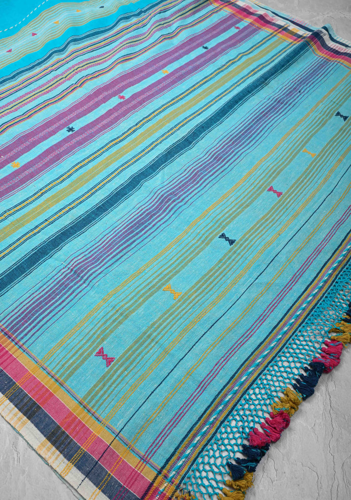 Light Blue Handloom Bhujodi Kala Cotton Saree with Multicolor Stripes border  and honeycomb tassels