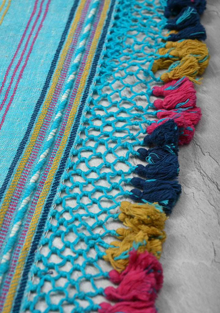 Light Blue Handloom Bhujodi Kala Cotton Saree with Multicolor Stripes border  and honeycomb tassels