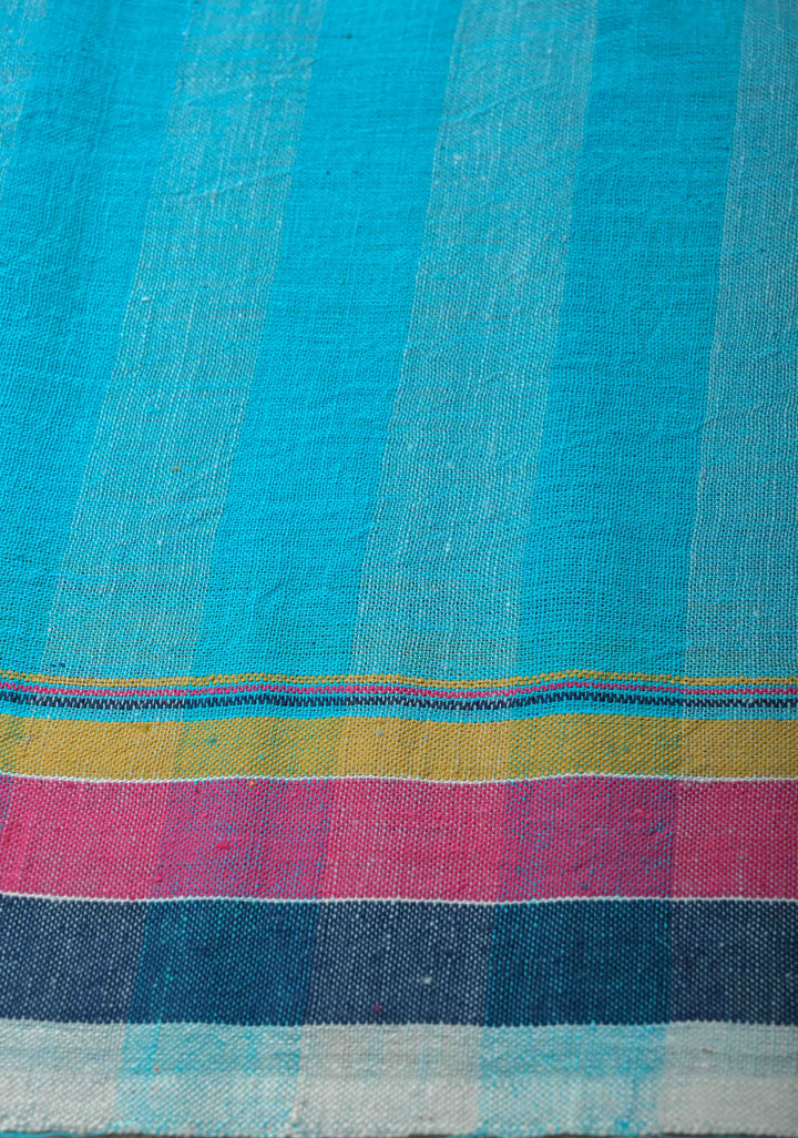 Light Blue Handloom Bhujodi Kala Cotton Saree with Multicolor Stripes border  and honeycomb tassels
