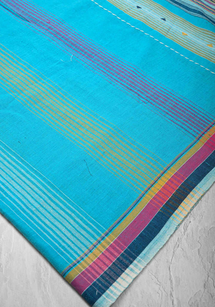 Light Blue Handloom Bhujodi Kala Cotton Saree with Multicolor Stripes border  and honeycomb tassels