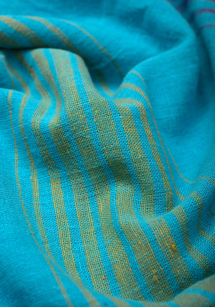 Light Blue Handloom Bhujodi Kala Cotton Saree with Multicolor Stripes border  and honeycomb tassels