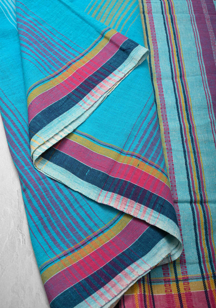 Light Blue Handloom Bhujodi Kala Cotton Saree with Multicolor Stripes border  and honeycomb tassels