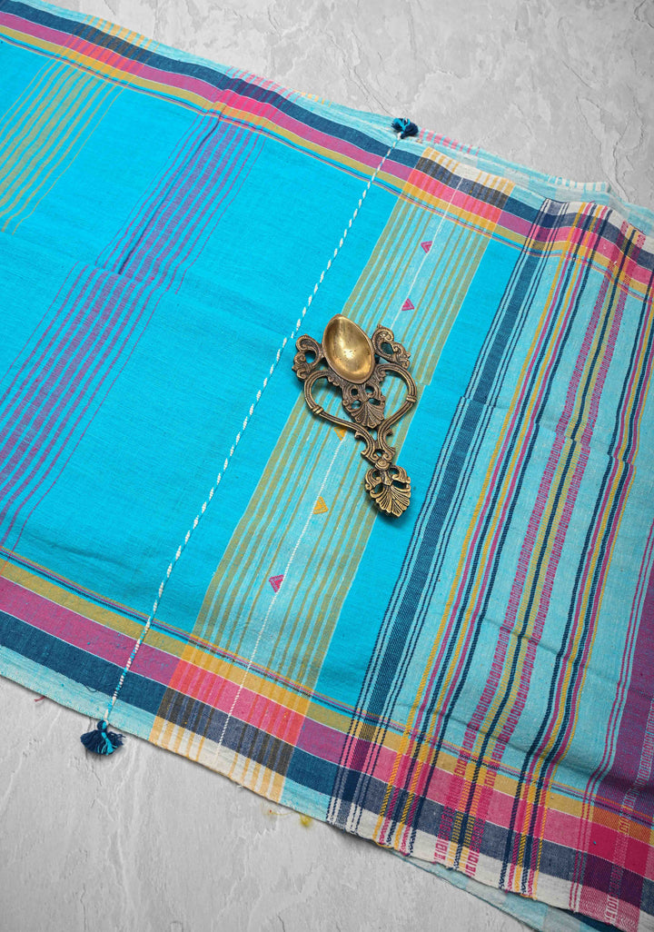 Light Blue Handloom Bhujodi Kala Cotton Saree with Multicolor Stripes border  and honeycomb tassels