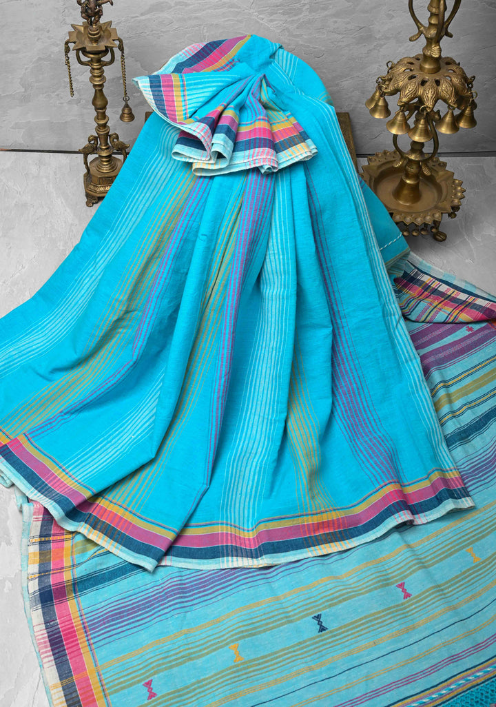 Light Blue Handloom Bhujodi Kala Cotton Saree with Multicolor Stripes border  and honeycomb tassels