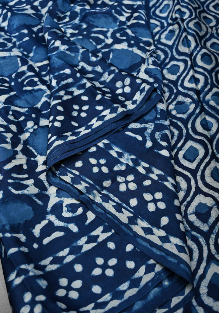 Bagru Hand Block Print on Modal Silk Saree in Indigo