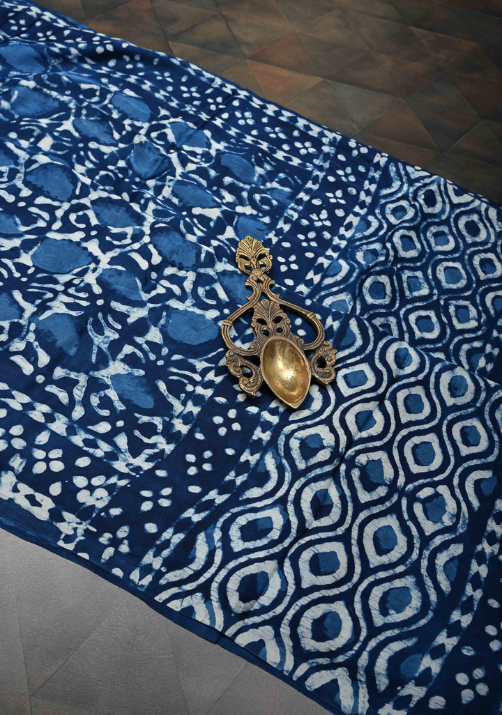 Bagru Hand Block Print on Modal Silk Saree in Indigo
