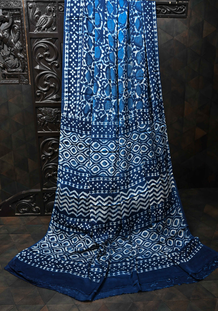 Bagru Hand Block Print on Modal Silk Saree in Indigo