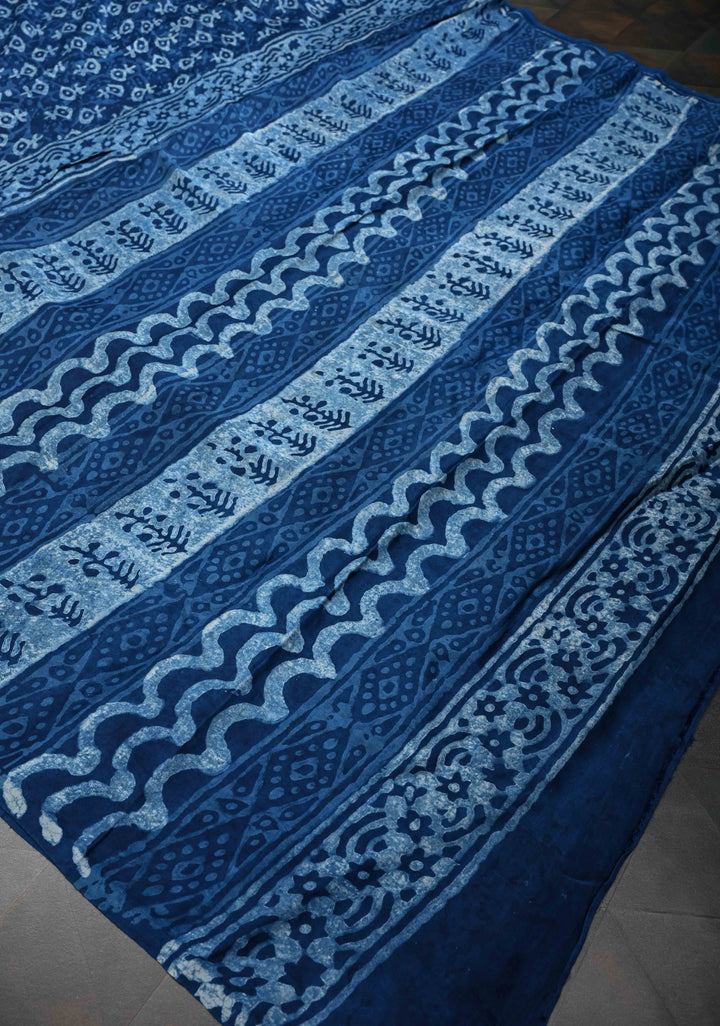 Bagru Hand Block Print on Modal Silk Saree in Indigo