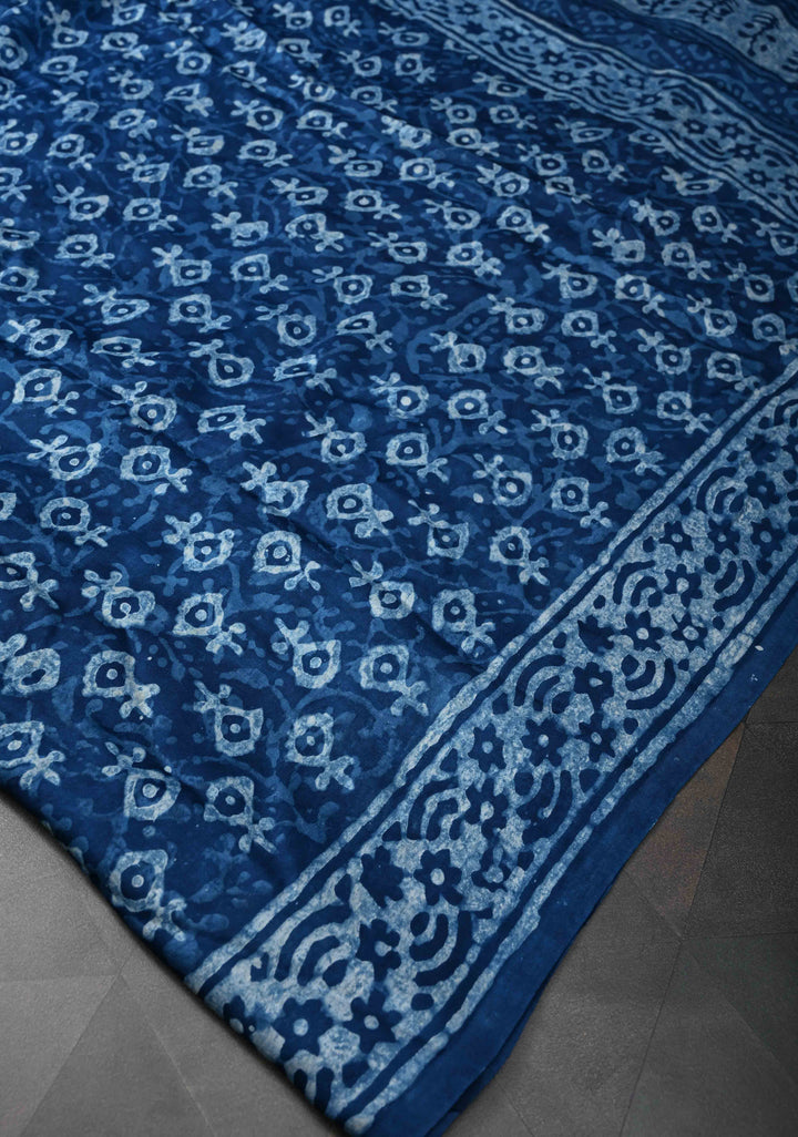 Bagru Hand Block Print on Modal Silk Saree in Indigo