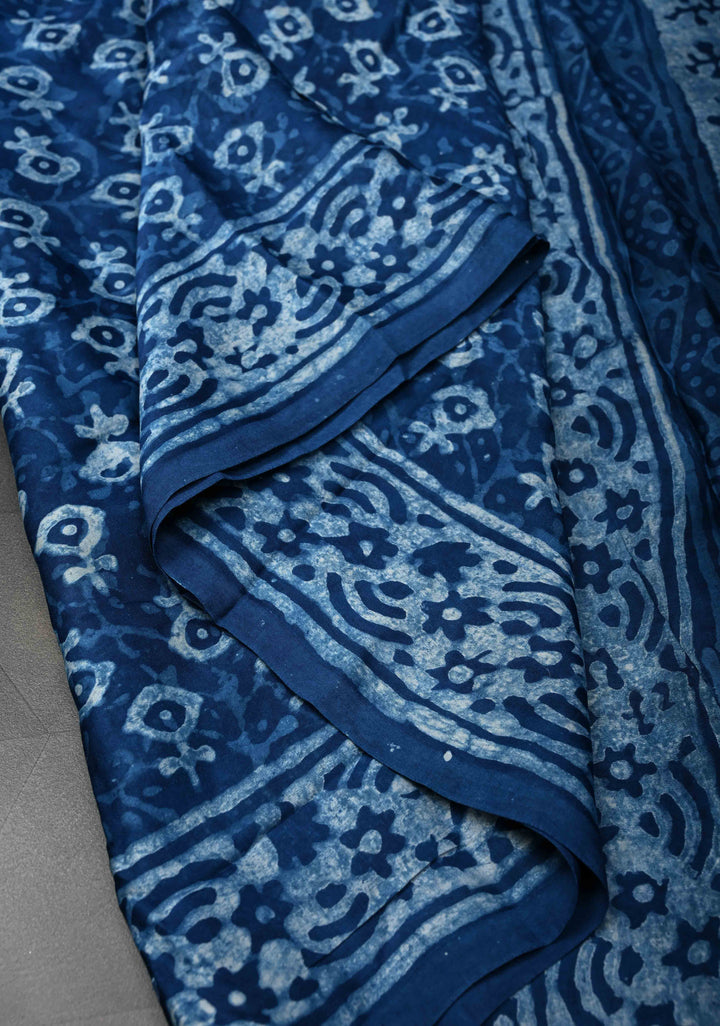 Bagru Hand Block Print on Modal Silk Saree in Indigo