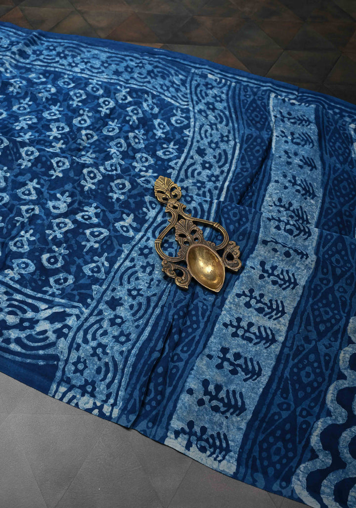 Bagru Hand Block Print on Modal Silk Saree in Indigo