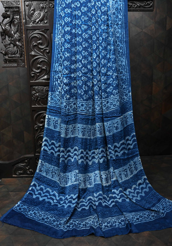 Bagru Hand Block Print on Modal Silk Saree in Indigo