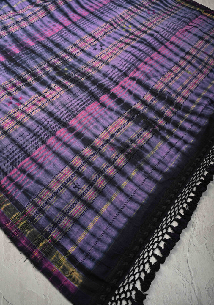 Lilac and Black Shibori Cotton Handloom Saree with Thread Buttas