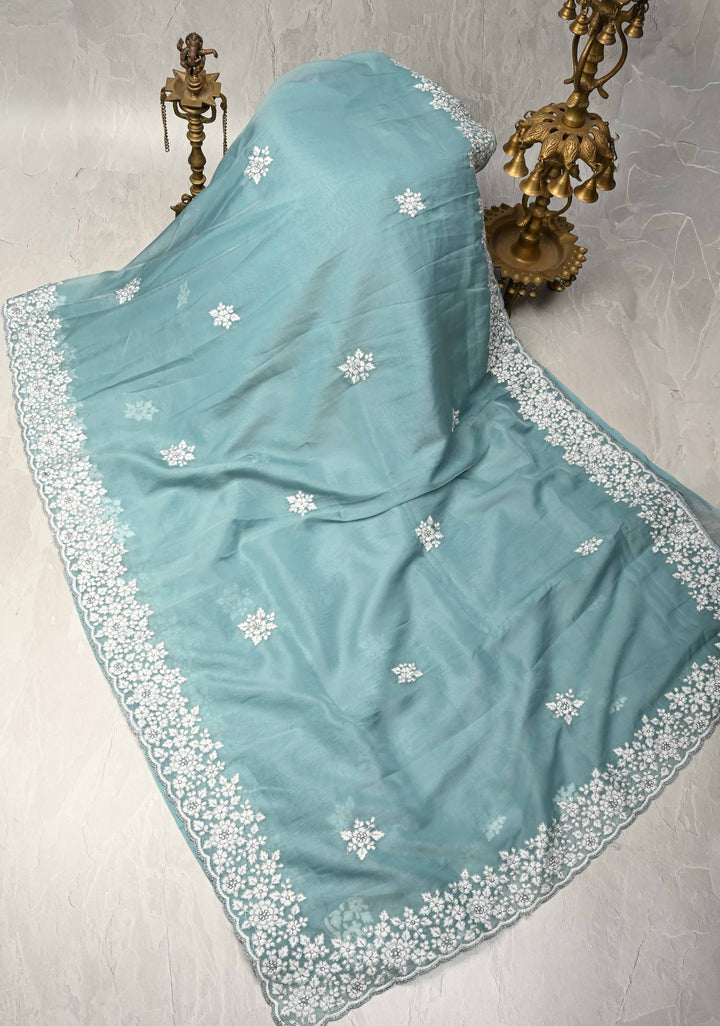 Pantone Green Machine Embroidery on Organza Saree with Stone Work and Scallop Border