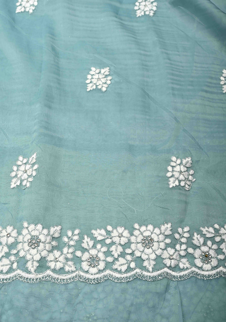 Pantone Green Machine Embroidery on Organza Saree with Stone Work and Scallop Border