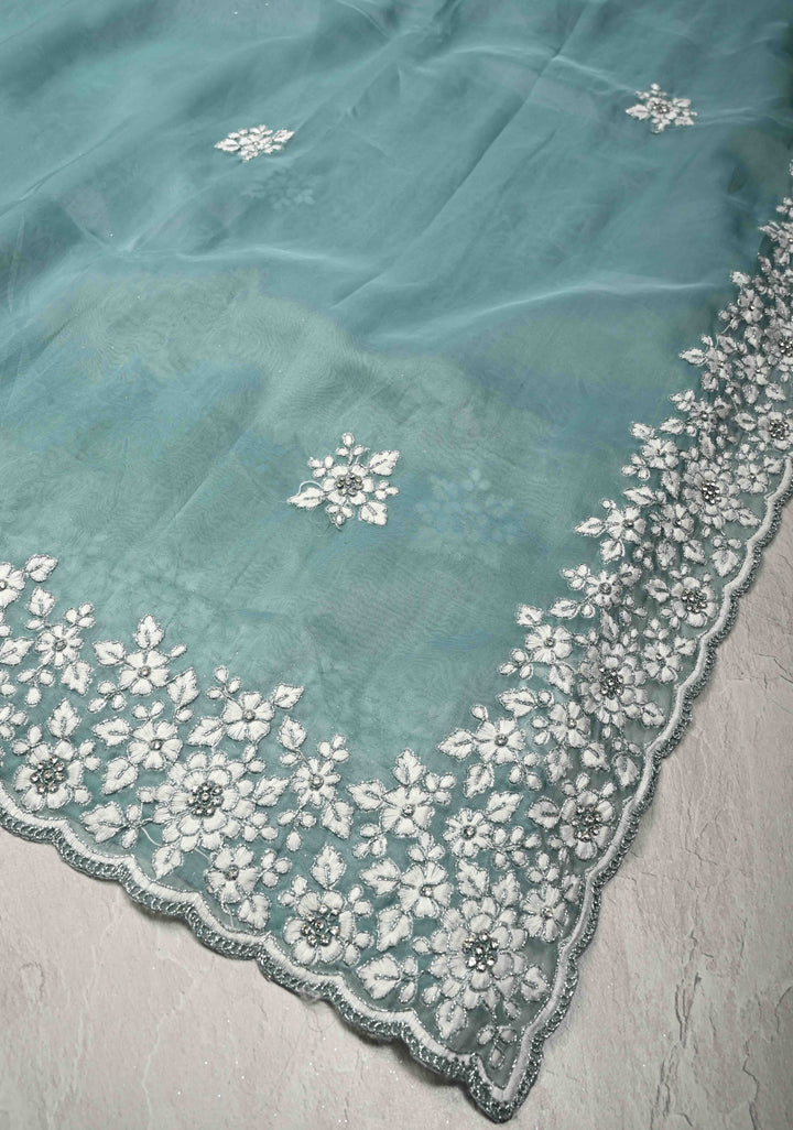 Pantone Green Machine Embroidery on Organza Saree with Stone Work and Scallop Border