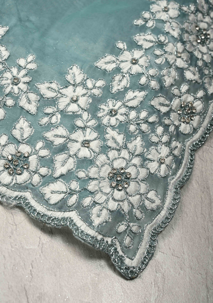 Pantone Green Machine Embroidery on Organza Saree with Stone Work and Scallop Border