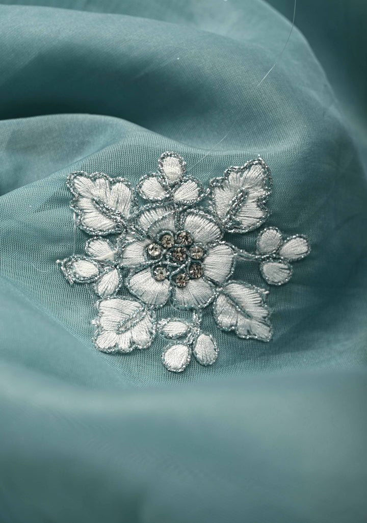 Pantone Green Machine Embroidery on Organza Saree with Stone Work and Scallop Border