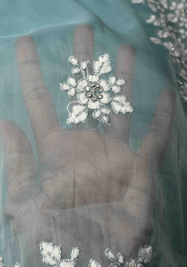 Pantone Green Machine Embroidery on Organza Saree with Stone Work and Scallop Border