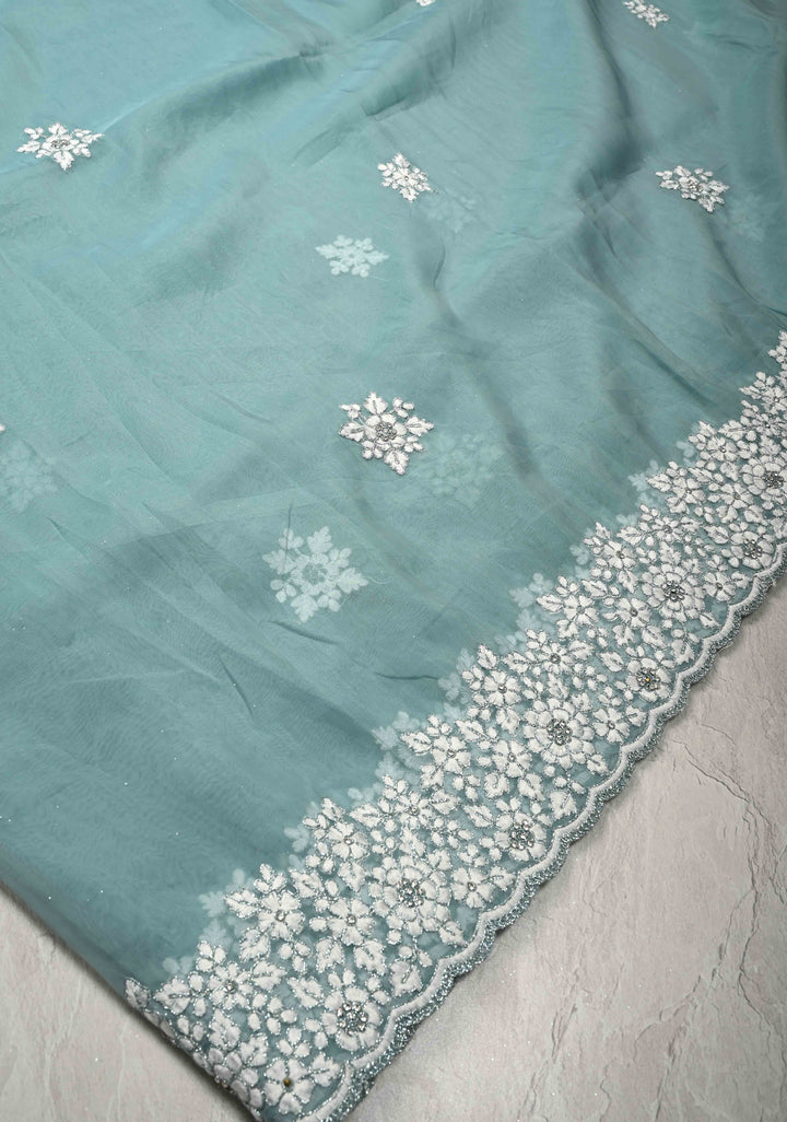 Pantone Green Machine Embroidery on Organza Saree with Stone Work and Scallop Border