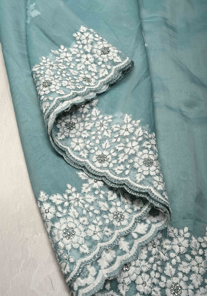 Pantone Green Machine Embroidery on Organza Saree with Stone Work and Scallop Border