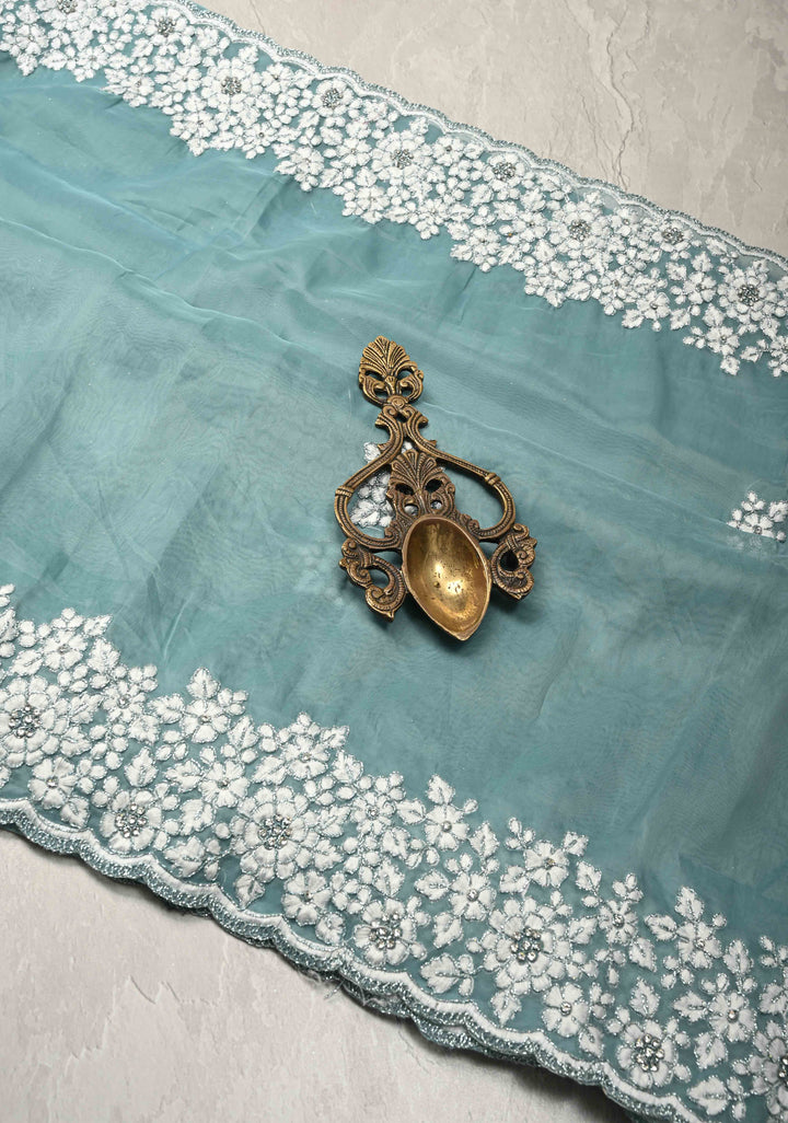 Pantone Green Machine Embroidery on Organza Saree with Stone Work and Scallop Border