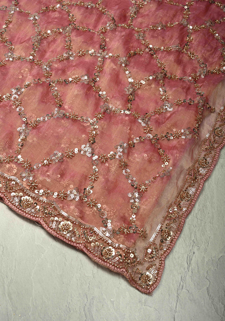 Pink Sequin Jaal on Shimmer Organza Saree with Sequins, Cutdana Detailing and Scallop Border