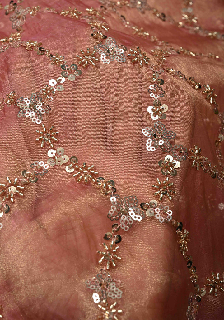 Pink Sequin Jaal on Shimmer Organza Saree with Sequins, Cutdana Detailing and Scallop Border