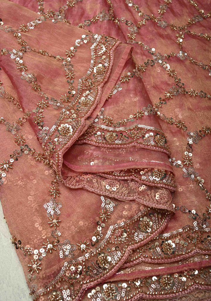 Pink Sequin Jaal on Shimmer Organza Saree with Sequins, Cutdana Detailing and Scallop Border
