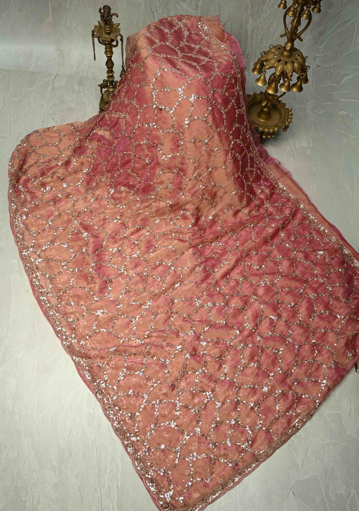 Pink Sequin Jaal on Shimmer Organza Saree with Sequins, Cutdana Detailing and Scallop Border