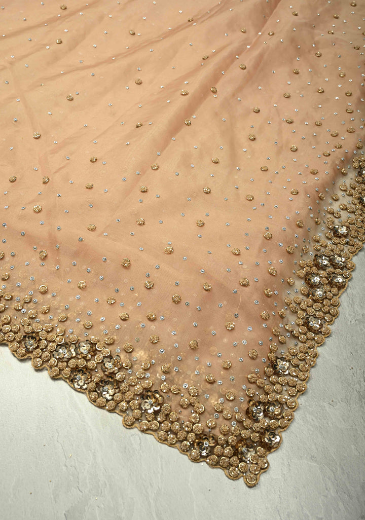 Chiku Color Embellished Organza Saree with Stone, Sequins and Contemporary Scallop Border