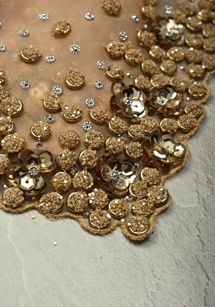 Chiku Color Embellished Organza Saree with Stone, Sequins and Contemporary Scallop Border