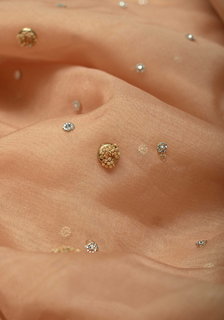 Chiku Color Embellished Organza Saree with Stone, Sequins and Contemporary Scallop Border