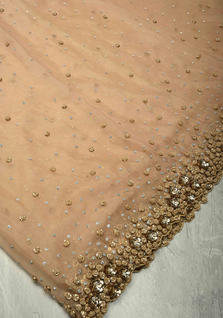 Chiku Color Embellished Organza Saree with Stone, Sequins and Contemporary Scallop Border